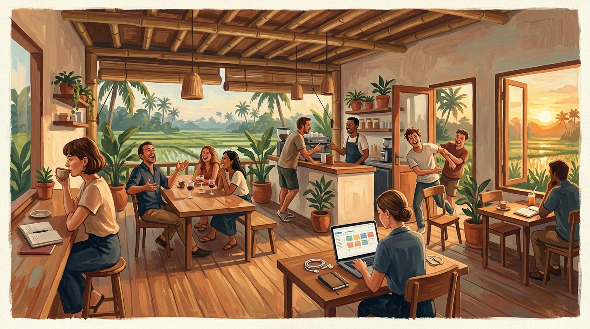 A painterly scene of travellers at a café, one couple laughing, one woman working on a laptop, a barista pouring coffee, palms and rice fields visible through the open window.